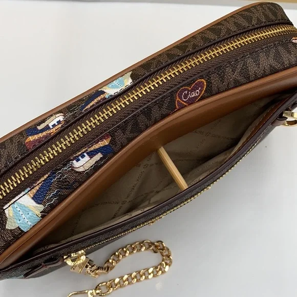 MICHAEL KORS JET SET GIRLS LARGE EAST WEST ZIP PACKED CHAIN XBODY BROWN MULTI - Picture 7 of 16